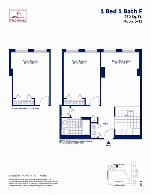 Floor plan for 1 bed, 1 bath, 730 sqft